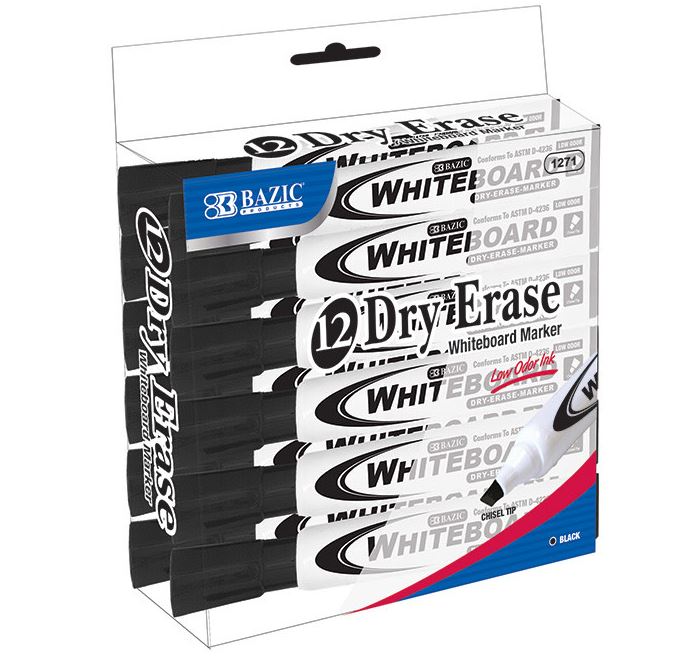 Bazic 1271 Black Chisel Tip Dry Erase Markers - Box of 12