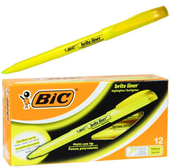 BIC Brite liner Hilighter, Yellow Box of 12
