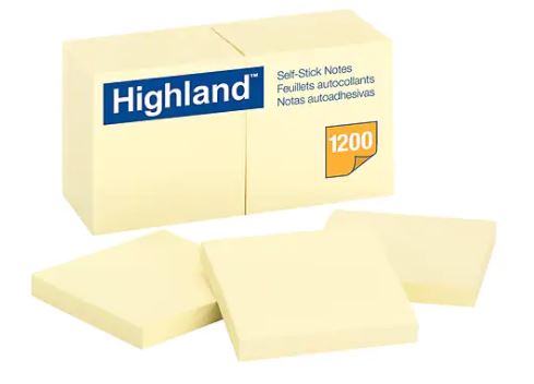 3M Highland Brand Yellow Post-it  - 3"x3" - 12/pkg - 6549