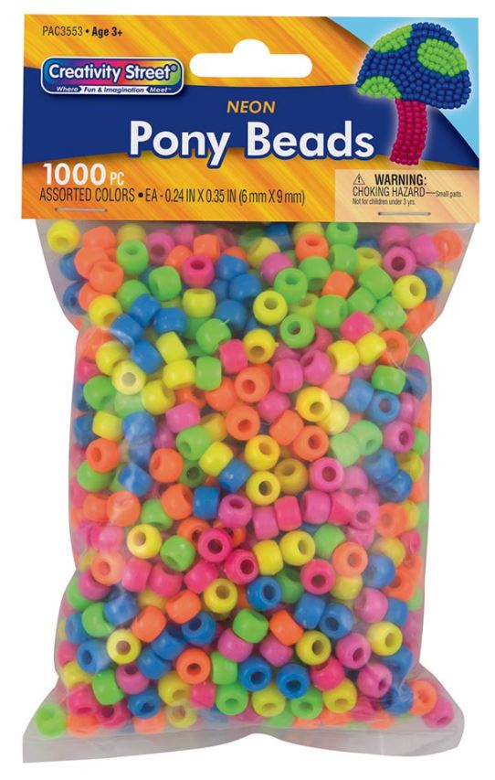 Pacon 3553 Pony Beads Bright Hues - 1000 per bag
